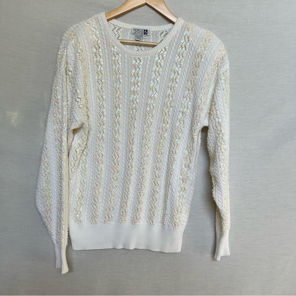 Vintage Adele Joyce White 100% Cotton Sweater with Sequin Details